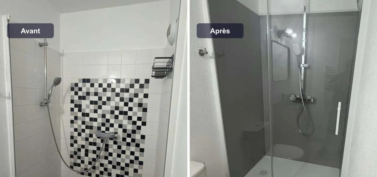 Douche avant et après la pose de panneaux muraux gris