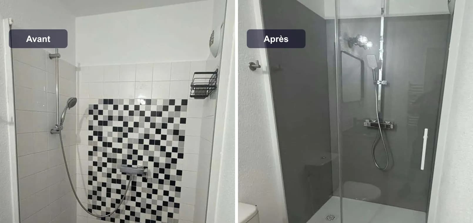Douche avant et après la pose de panneaux muraux gris